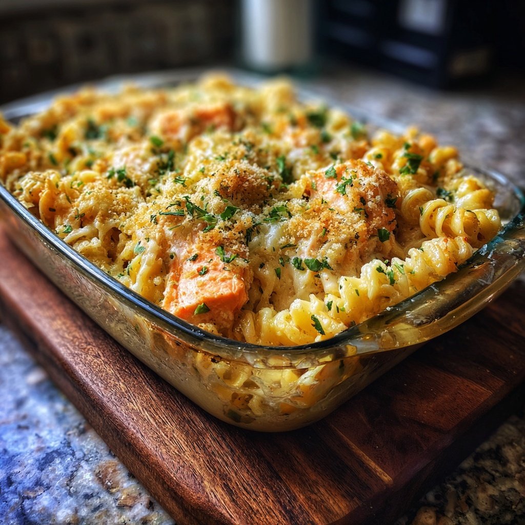 Creamy Garlic Salmon Pasta Bake